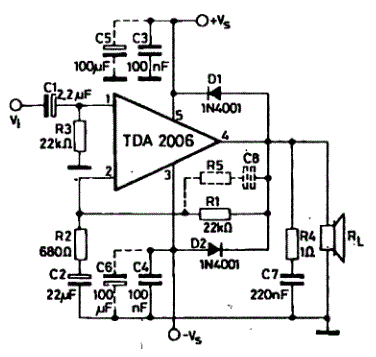 Схема включения микросхемы TDA2006 с двуполярным питанием