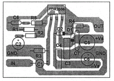 Печатная плата усилителя на TDA2006 с двуполярным питанием