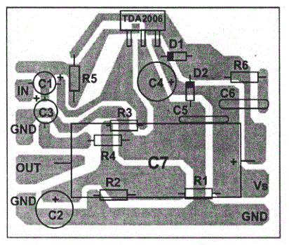 Печатная плата усилителя на TDA2030 с однополярным питанием