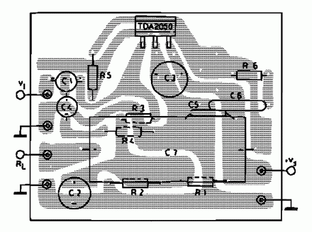 Печатная плата усилителя на TDA2050 с однополярным питанием