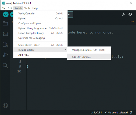 Sketch >> Include Library >> Add ZIP Library...