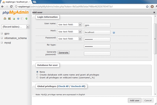 Добавляем пользователя в phpMyAdmin