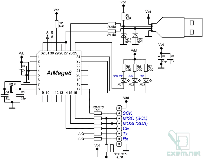 Схема USB в USART, SPI и I2C адаптера