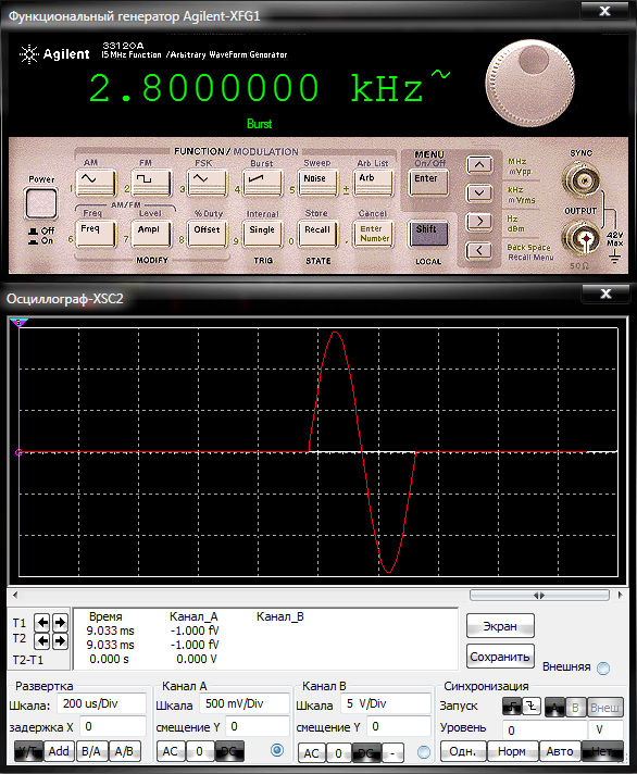 Функциональный генератор Agilent в режиме Burst модуляции и полученный сигнал на дисплее осциллографа