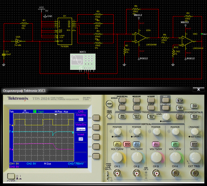 Лицевая панель виртуального осциллографа Tektronix и пример его подключения к схеме