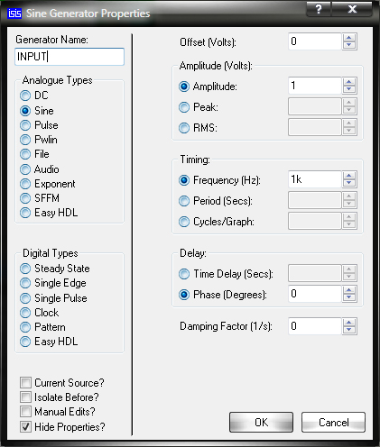 Окно Sine Generator Properties