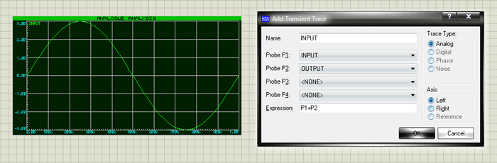 Диалоговое окно Add Transient Trace и новая кривая в окне графика ANALOGUE, отображающая данные, ассоциированные с добавленным генератором