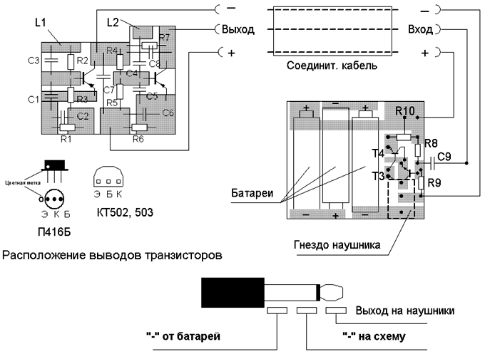 Платы генераторов и усилителя, схема распайки соединительного кабеля и разъема наушников