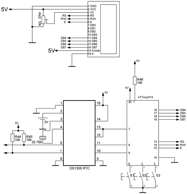 Схема часов и календаря на ATTiny2313 и часов реального времени DS1305