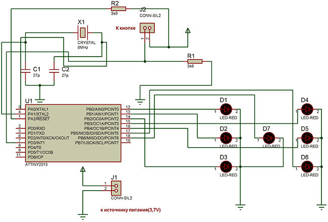 Схема электронной игральной кости на ATtiny 2313