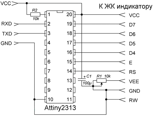 Схема переходника ЖКИ HD44780 в UART