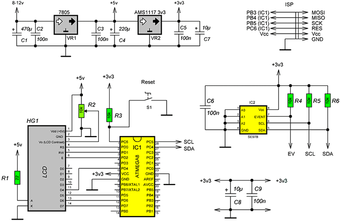 Схема термометра на датчике SE97B и AVR-микроконтроллере