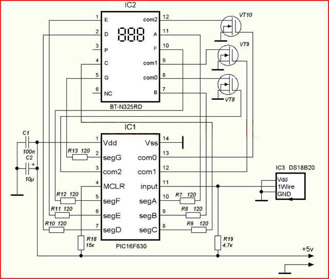 Схема цифрового термометра на датчике DS18B20