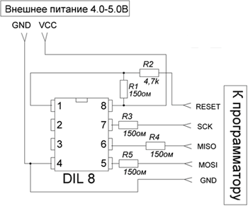 Схема платы для программирования микроконтроллера Attiny13