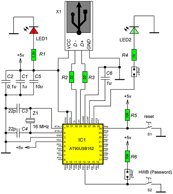 Схема Password Keeper’a на микроконтроллере AT90USB162